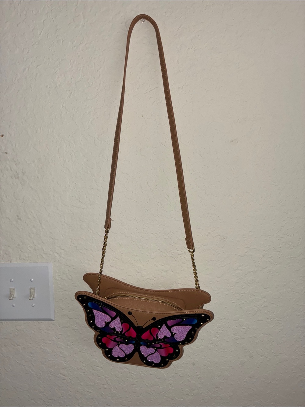 Betsey Johnson Tan Crossbody Bag with Purple, Pink and Blue Butterfly